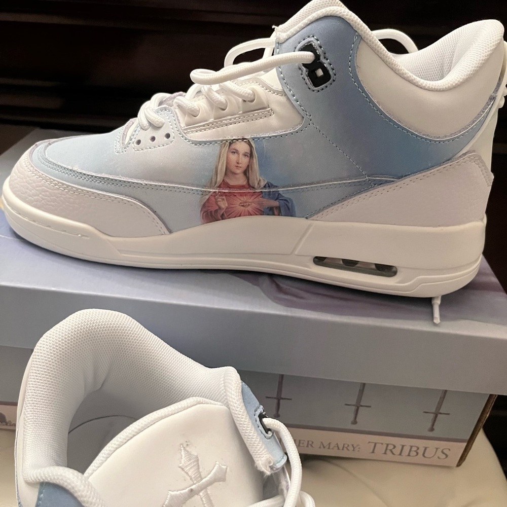 Blue and White High-Top Sneakers with Religious Design brand new